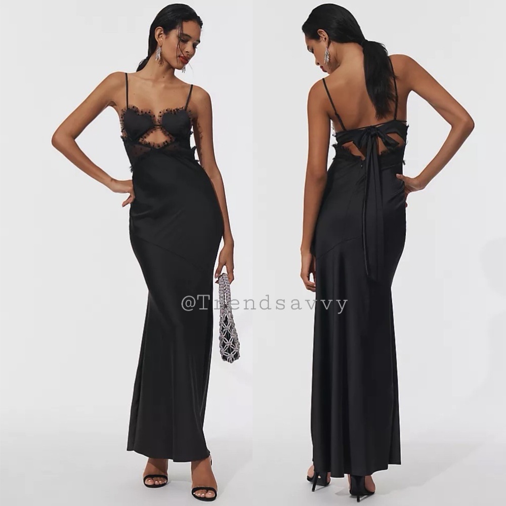 Anthropologie For Love & Lemons Black Satin Lace Heart Maxi Dress Size Large NWT